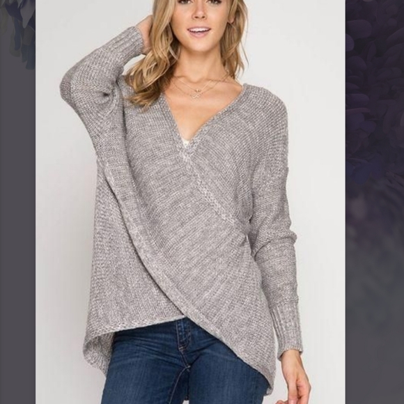 She + Sky Sweaters - She + Sky Grey Cross-over Sweater